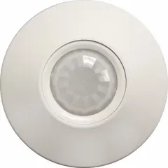 Passive infrared (PIR) ceiling-mount occupancy sensor for automatic lighting control. Operates on 12 to 24V DC with wireless RF communication. Suitable for commercial spaces such as offices, meeting rooms, and warehouses.