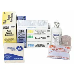 This bulk unitized refill is designed for industrial first aid kits serving 50 people. It includes 115 adhesive bandages, a trauma pad, 2 eyewash units, and 24 aspirins. The kit is ANSI/ISEA Z308.1-2009 Type I and OSHA compliant, with latex-free components. Suitable for use in factories, warehouses, and job sites to treat minor wounds and eye injuries.