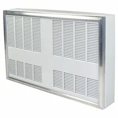 Surface-mount electric cabinet wall heater with fan-forced heating. Delivers 9600 W at 480V AC, 3-phase, with 350 cfm airflow. Suitable for industrial and commercial spaces requiring supplemental or primary heating.