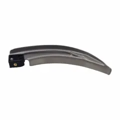 Disposable MacIntosh laryngoscope blade in size 00, made of stainless steel with a silver finish. Includes a standard LED bulb for illumination. Overall length 2 7/8 inches, width 7/8 inches. Used for airway management during intubation, particularly in neonatal or pediatric applications.