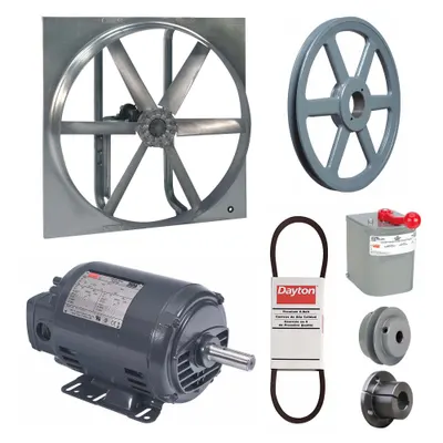 Dayton Exhaust/Supply Fan: Belt Drive, 36 in Blade, 2 hp, Open Dripproof, 230/460V AC - Belt-Drive Reversible Panel Fans with Drive Package