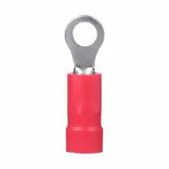 Red vinyl-insulated ring terminal for terminating 22 AWG to 16 AWG wires to a #6 stud. Rated 600 V. Funnel entry aids wire insertion. Used in electrical panels, control cabinets, and industrial machinery for secure, vibration-resistant connections.