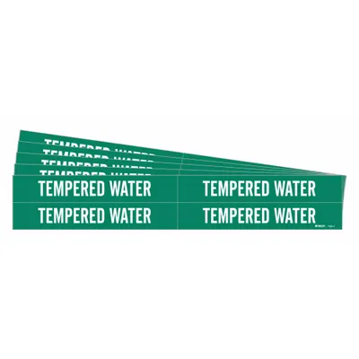 BRADY Pipe Marker: Tempered Water, Green, White, Fits 3/4 to 2 3/8 in Pipe O.D. - Tempered Water Adhesive Pipe Markers