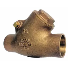 Bronze Y-style swing check valve with 1 1/4 in pipe size and sweat x sweat connections. Designed to prevent backflow in plumbing and industrial piping systems, allowing flow in one direction and automatically closing on reverse flow.