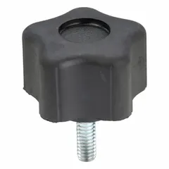 This 5-arm knob features a plastic body with a steel thread insert. It has a 1/4"-20 thread size and a 1 in thread length. Used for manual clamping, positioning, and adjustment on industrial machinery, jigs, and fixtures.