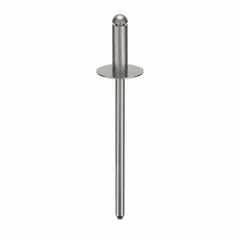 This inch-series large flange blind rivet has a 0.122" diameter, 1 21/32" overall length, and 3/8" body length. It features a plain finish and is supplied in a 500-piece pack. The large flange distributes load over a wider area, making it suitable for fastening sheet metal, plastics, and composite materials in industrial assembly and HVAC applications.