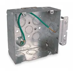 Steel electrical box, 4-11/16" x 4-11/16" square, with narrow bracket and tabs for mounting on studs or joists. Suitable for use as a junction box or for mounting switches and receptacles in commercial and industrial construction. Supplied without clamps.
