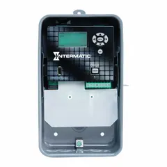 This digital timer switch from INTERMATIC is designed for outdoor surface mounting with a metal body. It features 365-day astronomic functionality that automatically adjusts on/off times based on sunrise and sunset. The switch operates on 120-277V AC with SPDT switching. Typical applications include control of outdoor lighting, signage, and equipment requiring automatic seasonal adjustment.