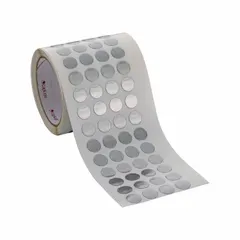 Electroplating masking tape disc with lead foil backing and rubber adhesive. Designed to protect specific areas during plating processes, resisting harsh chemicals and high temperatures. Each disc measures 7/8 in width, 3/8 in diameter, and 4.7 mil thickness. Supplied in a 2,000-piece pack.