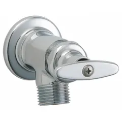 This inside sillcock features a cast brass body and handle with a polished chrome finish. It includes a vacuum breaker assembly and has an NPT inlet connection. Used for water supply and shutoff in mechanical rooms, basements, or maintenance areas.