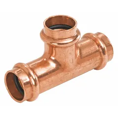 Copper press tee fitting with reducing branch, sized 3 in CTS x 2-1/2 in CTS x 3 in CTS. Constructed of copper with an EPDM O-ring for sealing. Used in plumbing and fluid-handling systems to create branch connections in copper tubing via press-connect installation.