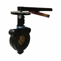 This MILWAUKEE VALVE butterfly valve is a 5-inch, concentric wafer type with a lever handle. The body is cast iron, and the disc is ductile iron. It is rated for a maximum pressure of 200 psi (CWP) and is used for on-off flow control in water, air, and non-corrosive media systems.