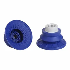 Bellows type vacuum pad assembly with 1.5 folds, G3/8 in connection, and 67 mm pad diameter. Constructed of NBR material in blue with a 60 A durometer rating. Suitable for handling tasks in automated production lines, such as lifting and moving sheet metal or plastic components.