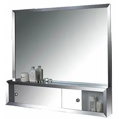 This mirrored medicine cabinet features a glass front and a stainless steel frame with a bright annealed silver finish. Overall dimensions are 24 inches wide, 32 inches high, and 4 1/4 inches deep. Suitable for bathroom storage and grooming, it provides a corrosion-resistant surface in humid environments.