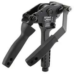 The PANDUIT RT2HT is an adjustable-tension tool designed for installing stainless steel cable ties with a width range of 0.5 to 0.63 inches. It features pre-set steps for consistent tension adjustment and is constructed from stainless steel with a plain finish. Suitable for use in industrial, marine, and harsh environments requiring secure bundling.