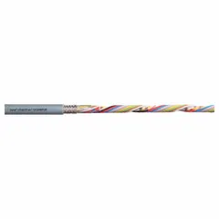 This continuous flexing data cable features 24 AWG, 4 conductors, a PUR jacket, and a 300 V rating. It is designed for use in cable carriers (energy chains) in industrial automation, robotics, and machine tools. The cable is oil and grease resistant, with bend radii of 5 x OD, 8 x OD, and 10 x OD. It carries approval CTP C-DE.PB49.B.00416.