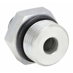 Steel straight adapter with 3/8 in male threaded and male NPT threaded ends. Rated for maximum operating pressure of 6,000 psi. Used in high-pressure hydraulic systems for connecting pipes or fittings with male NPT threads.
