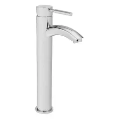 This single-post handle bathroom faucet from the Neo series features a brass construction with a chrome finish and an arc spout. It operates at a flow rate of 1.2 gpm and includes stainless steel inlet supply lines. Suitable for use with vessel sinks in residential or commercial bathrooms.