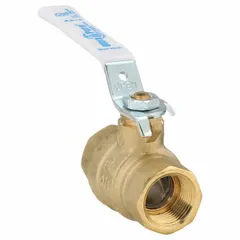 This brass ball valve features a straight body with full port ball port for minimal flow restriction. It has FNPT x FNPT connections and a lever handle for manual on/off or flow control. Suitable for use in water, oil, and gas piping systems.