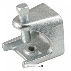 Steel beam clamp for I-beam mounting with 1/4"-20 thread size and 60 lb load capacity. Overall dimensions: 1.35 in length, 1.2 in width, 1.35 in height. cULus Listed. Used to attach threaded rods or hardware to I-beams for suspending conduit, cable trays, piping, or lighting fixtures.