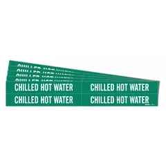 Green adhesive pipe markers with white legend reading 'Chilled Hot Water' for identifying pipes carrying chilled or hot water. Each marker fits pipe outer diameters from 3/4 to 2-3/8 inches. Pack includes 4 markers without directional arrows. Suitable for use in HVAC, plumbing, and process piping systems.