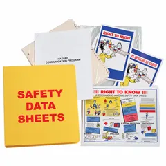 Safety binder with 1 1/2 in ring size, 11 in overall height, and 2 in overall depth. Includes OSHA Standard Highlights and Overview supplemental materials. Used for organizing Material Safety Data Sheets (MSDS) in industrial workplaces.