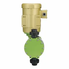 This heavy-duty motor-driven diaphragm metering pump features a PVDF head, PTFE diaphragm and seals, and ceramic check balls. It operates on 115/230V AC with a 1/2 hp motor and offers a reproducibility of ±2.0%. Suitable for precise chemical dosing in water treatment and industrial processing applications.