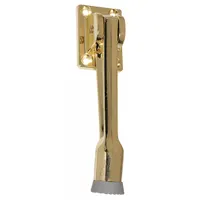Door-mounted lever door holder in brass with gold finish. Width 1 1/4 in, overall height 2 1/4 in. Used to hold doors open in commercial and industrial settings