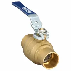 This brass ball valve features a straight, two-piece body with sweat x sweat connections for copper pipe installations. The locking lever handle provides secure shut-off for flow control in plumbing and HVAC systems. Blue handle indicates valve type.