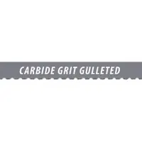Gulleted-edge band saw blade with carbide grit for cutting abrasive materials such as fiberglass, cast iron, ceramic, and masonry. Measures 7 ft 9 in length with 3/8 in blade width. Suitable for industrial fabrication and maintenance applications