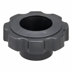 Plastic snap-lock knob with an 8-arm design for manual adjustment and locking. Features a 2.38 in diameter, M12 thread, and 12 mm thread length. Suitable for jigs, fixtures, and machinery requiring frequent hand-tightening.