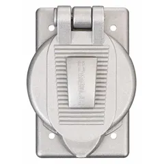 Cast aluminum weatherproof cover for receptacles. Single-gang, vertical mounting orientation. Provides protection for outdoor receptacle installations.