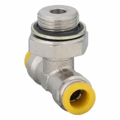 This nickel-plated brass push-fit tee fitting connects three pneumatic or fluid lines in a branch configuration. It accommodates 12 mm OD tubing and 1/4" pipe threads, with a 27 mm overall length and silver finish. Suitable for industrial automation, packaging, and material handling systems requiring quick, tool-free assembly.