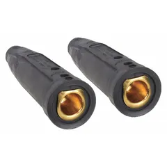 Female single ball-point welding cable connector for joining 1/0 AWG to 3/0 AWG cables. Used in industrial welding applications to create secure, quick-disconnect connections between cable runs or to attach electrodes and work leads.