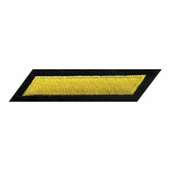 This sew-on embroidered insignia measures 2 inches by 3/8 inch. It features a gold hashmark design on a black plastic base with felt construction. Commonly used on uniforms, caps, or tactical gear to denote service or achievement.