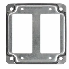 Galvanized steel raised cover for 2-gang square electrical boxes. Provides a 1/2 in raised height for additional wiring space. Suitable for enclosing switches, receptacles, or devices in wiring applications.