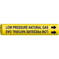 Snap-on pipe marker for identifying low-pressure natural gas lines. Yellow background with black legend and directional arrows. Fits pipe outer diameters of 4 to 6 inches. Suitable for industrial piping systems where clear gas line identification is required
