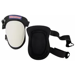 These swivel knee pads feature a plastic cap and foam pad for impact absorption and comfort. Elastic straps with clip closure secure the pads during kneeling tasks such as flooring, tiling, and maintenance. Supplied as 1 pair in black.