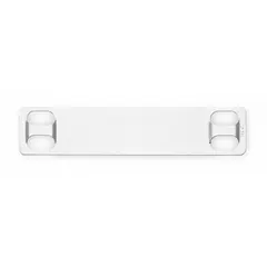 Rectangular plate for label stamping presses. Made of 304 stainless steel, 0.01 in thick, measuring 3/4 in x 3-1/2 in with 4 holes. Suitable for outdoor use in industrial environments requiring corrosion-resistant identification tags.