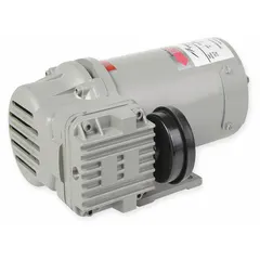 This reciprocating piston compressor/vacuum pump operates on 12V DC, delivering 1 cfm at a maximum continuous pressure of 100 psi. It is a single-stage, 1-phase unit suitable for pneumatic controls, medical devices, or mobile equipment requiring a compact DC-powered air source.