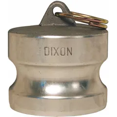 This dust plug seals the female coupler end of a cam-and-groove hose connection when not in use, preventing dirt, debris, and moisture from entering the line. It is rated for 250 psi maximum working pressure at 70°F and has an overall length of 2 5/16 inches. Commonly used in industrial fluid-transfer applications.