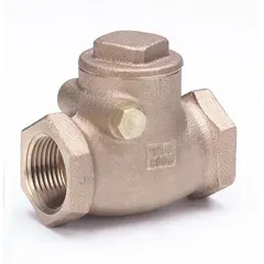 This bronze inline swing check valve features a 3/8 in pipe size with FNPT x FNPT connections. The swing mechanism permits flow in one direction and automatically closes to prevent backflow. Suitable for low-pressure applications in water, oil, and gas lines.