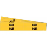 Yellow adhesive pipe marker with black 'Inlet' legend, designed for pipe outer diameters from 3/4 to 2-3/8 inches. Each pack contains 4 markers without arrows. Used to identify inlet pipes in industrial piping systems