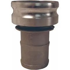 Type E cam and groove plug with 1-1/2 in male hose shank, made from 316 stainless steel. Rated for 250 psi maximum working pressure at 70°F. Used for quick-connect/disconnect in fluid transfer systems requiring corrosion resistance.