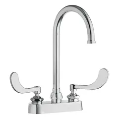 This centerset kitchen faucet is constructed from cast brass with a polished chrome finish. It is designed for deck-mount installation and features a gooseneck spout. Typical applications include commercial and residential kitchens where a durable, easy-to-clean fixture is required.