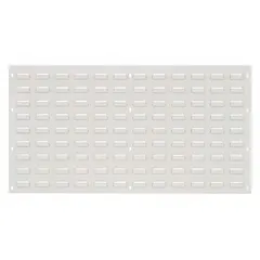 This wall-mount louvered panel provides a mounting surface for compatible hooks, brackets, and bins. It measures 20 in x 36 in x 1/4 in, has a white powder-coated finish, and is designed for 1-sided use. Suitable for organizing tools and parts in workshops, garages, and warehouses.