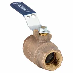 Bronze straight ball valve with 1-inch female NPT threaded ends and lever handle. Rated for 250 psi cold working pressure. Used for on/off flow control in plumbing, HVAC, and water systems.