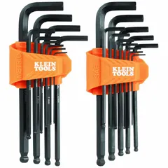 This 22-piece L-shaped hex key set includes both Metric and SAE sizes with single ball-end tips and a long-reach design. The keys have a Black Phosphate finish and are organized in a caddy for storage. Suitable for tightening or loosening hex socket screws and bolts in general maintenance, assembly, and repair tasks.