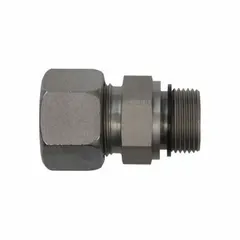 Flareless bite type steel compression fitting with seal, connecting 6 mm OD to 10 mm OD tubing. Thread sizes M12X1.5 x M10X1.0. Used in hydraulic and pneumatic systems for leak-proof joints in industrial fluid power applications.