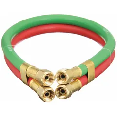 This 4 ft leader hose has a 1/4 in inside diameter, with a rubber tube, synthetic rubber cover, and braid reinforcement. It features 9/16 in FFRH x 9/16 in FFLH end configuration. Suitable for air, water, or light fluid transfer in industrial and maintenance settings.